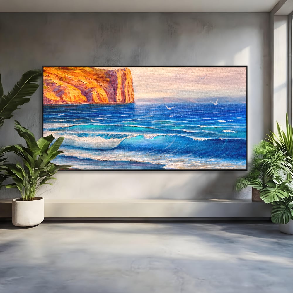 Tablou canvas cu pictura cu stanca pe malul marii, in rama de aluminiu negru